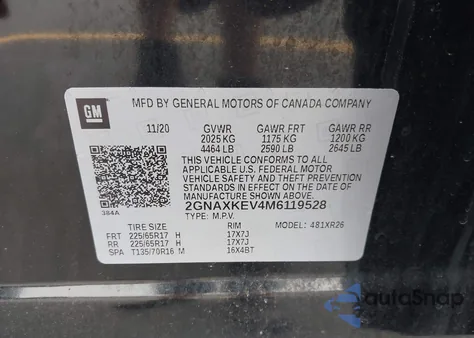 2021 Chevrolet Equinox Lt из США, поврежденный, VIN 2GNAXKEV4M6119528